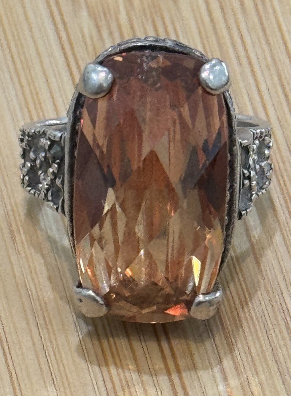 Vintage Sterling Silver Cognac Smoky Quartz Marcasite Statement Ring Sz 5.5 13g